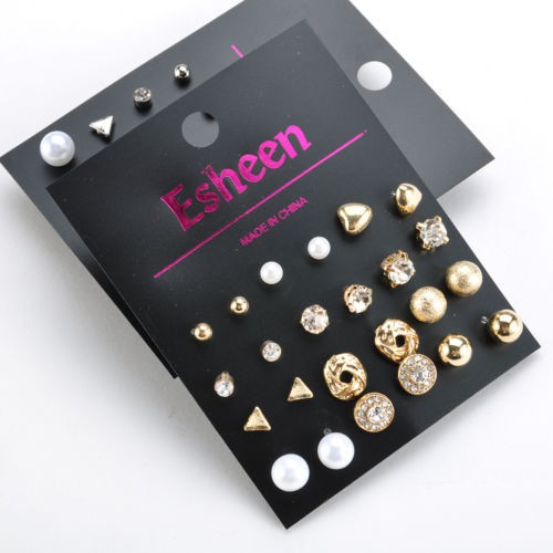 Bộ 9 đôi hoặc 12 đôi bông tai nữ nhiều kiểu dáng độc đáo với ngọc trai, pha lê