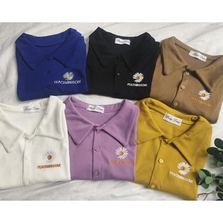 Áo croptop polo cổ bẻ thêu hoa cúc vintage nhiều màu