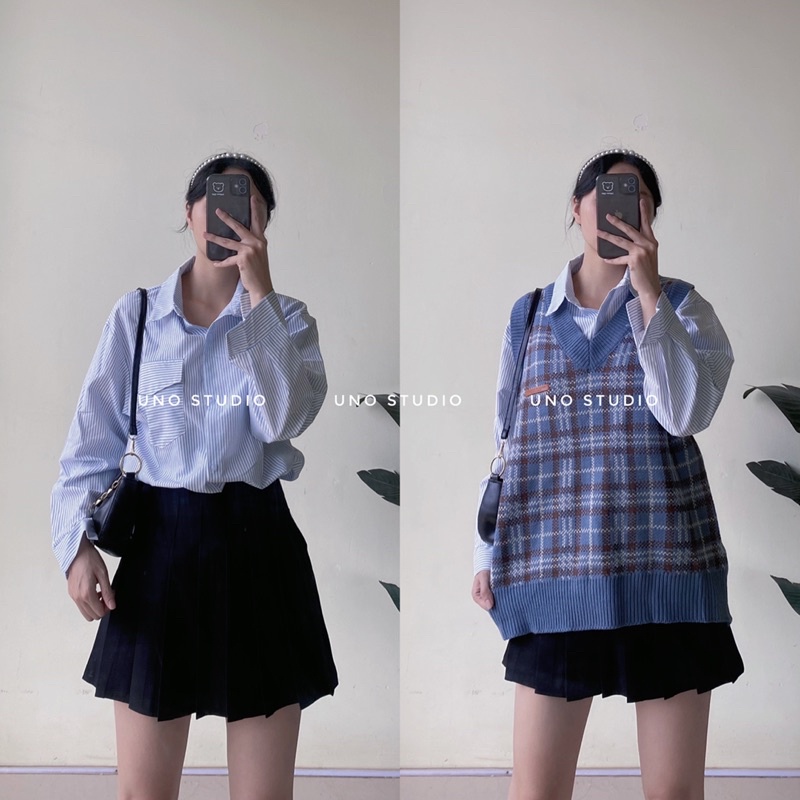 Áo gile len xanh kẻ sọc kèm hình thật