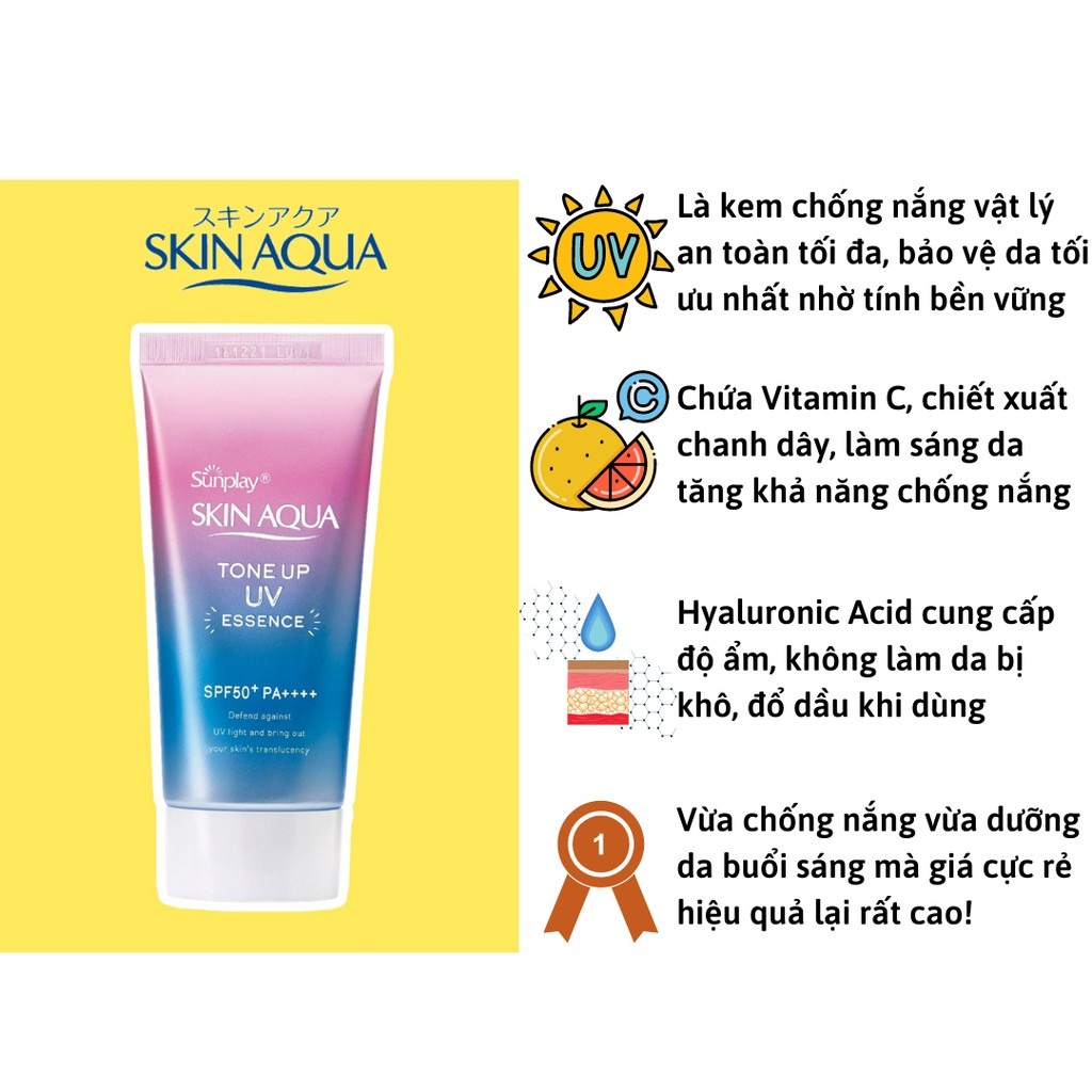 [AUTH] Kem chống nắng Nhật Bản lên tone trắng sáng Skin Aqua Tone up UV SPF 50+ PA++++ 80gr