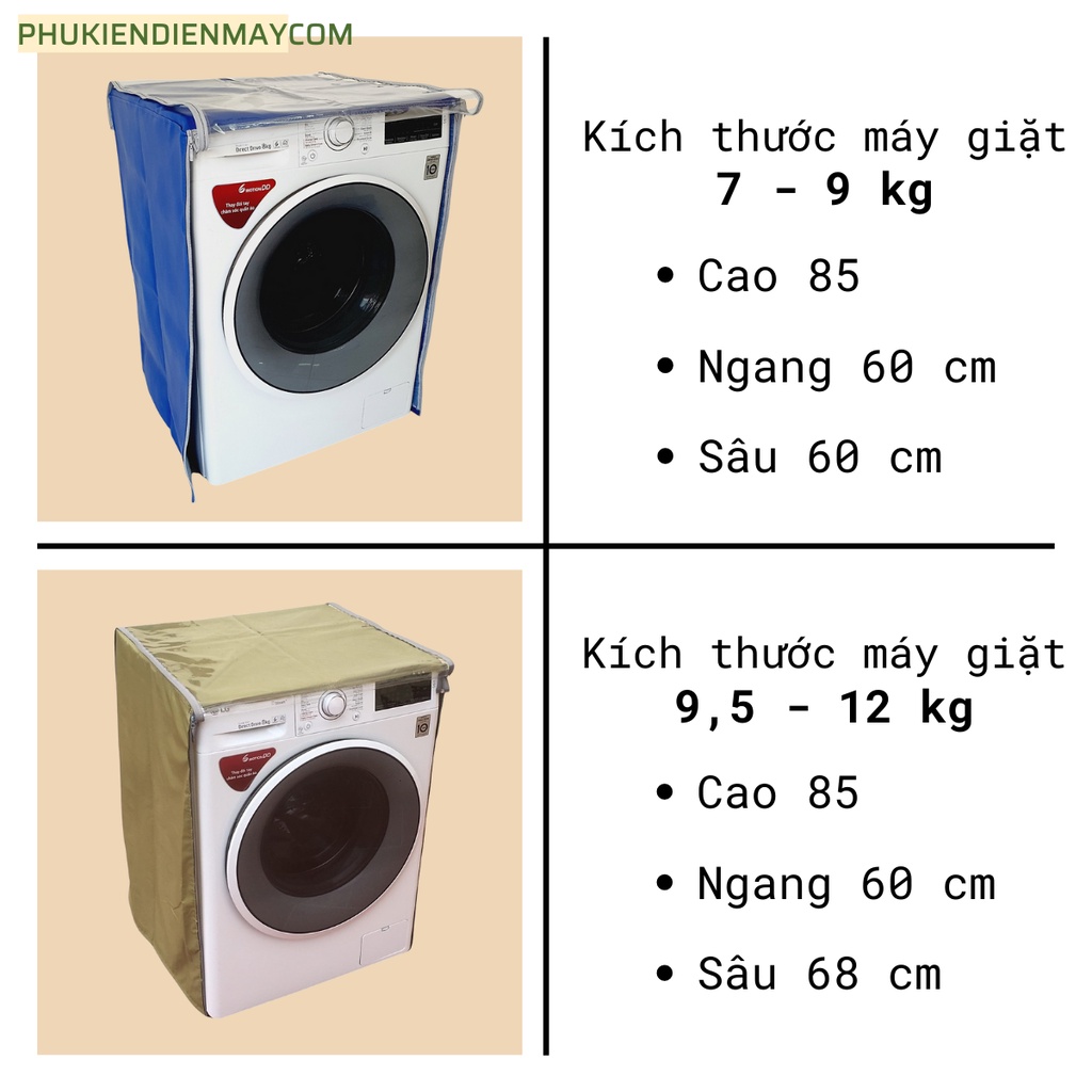 Áo máy giặt cửa ngang (cửa trước) vải dù cao cấp chống nắng- nước cực tốt, vỏ bọc máy giặt đủ kích thước từ  đến 12kg