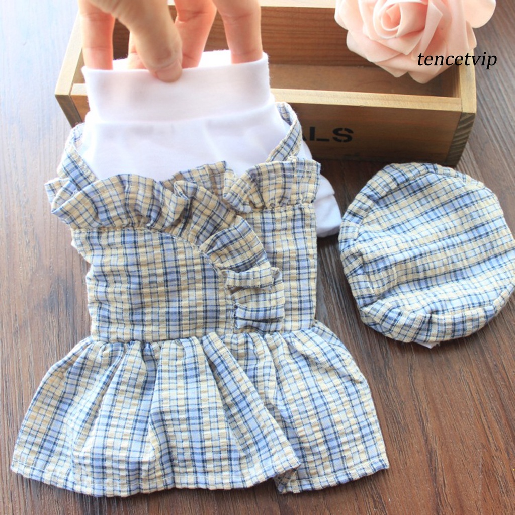 Đầm thoáng khí thân thiện với da họa tiết kẻ caro kèm nón thời trang mùa hè cho thú cưng