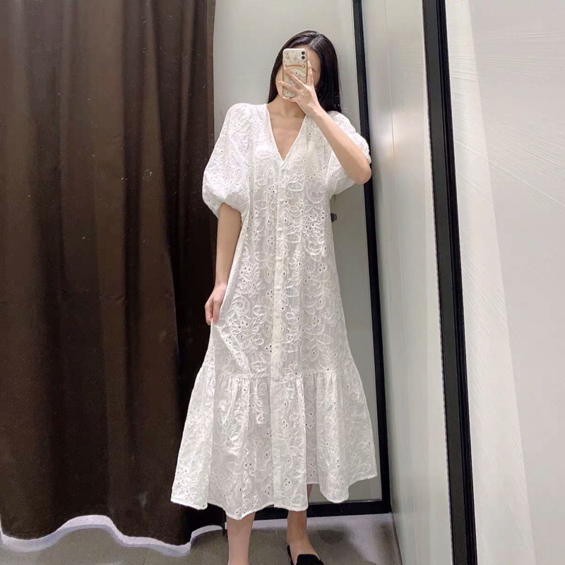[Order- San XS, S,L] Đầm maxi trắng thêu hoa Zara xuất dư