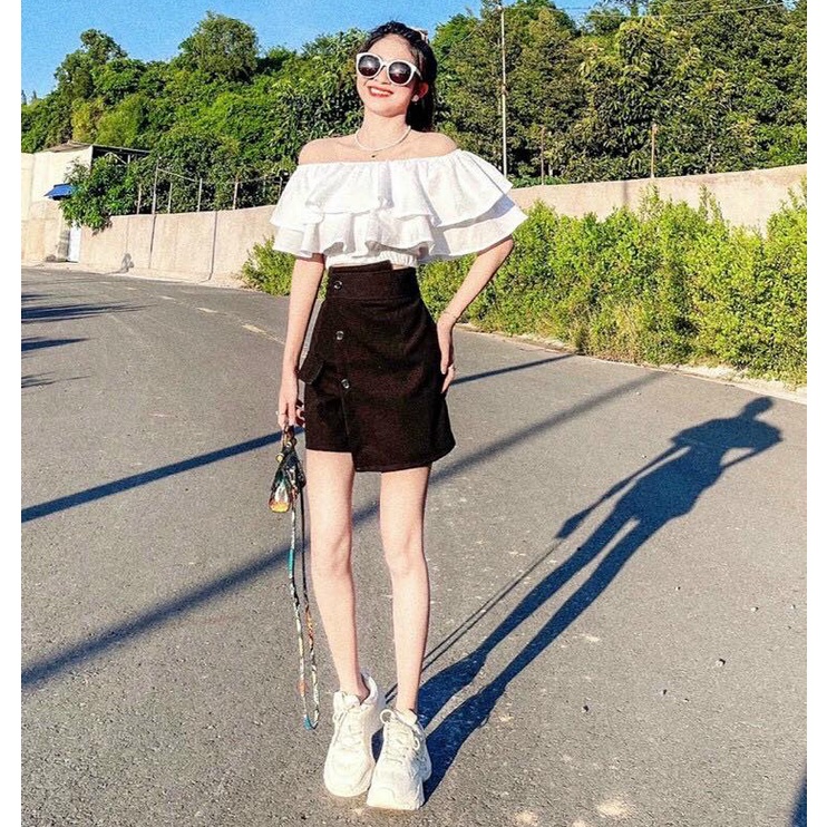 Sét Đồ Bộ Thời Trang Nữ Thiết Kế Sang Chảnh Áo Trễ Vai Xếp Ly Ngực & Quần Đùi Giả Váy ( Có Mút Ngực )