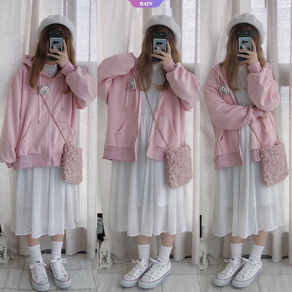 Áo Khoác Hoodie Nhung Dáng Rộng Tay Dài Có Khóa Kéo Màu Hồng Dễ Thương Cho Nữ Sinh Phong Cách Kawaii [RAIN]