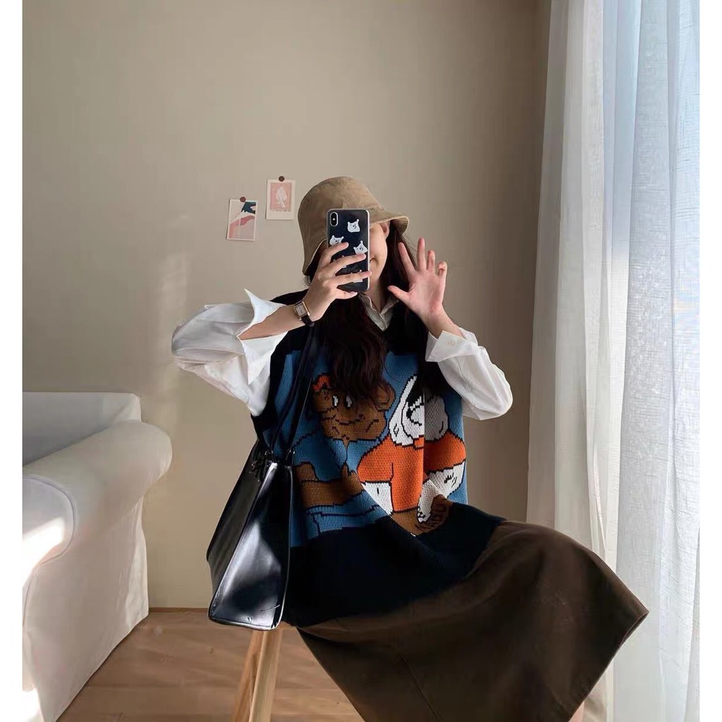 Áo gile len vintage họa tiết hoạt hình thanh lịch cá tính