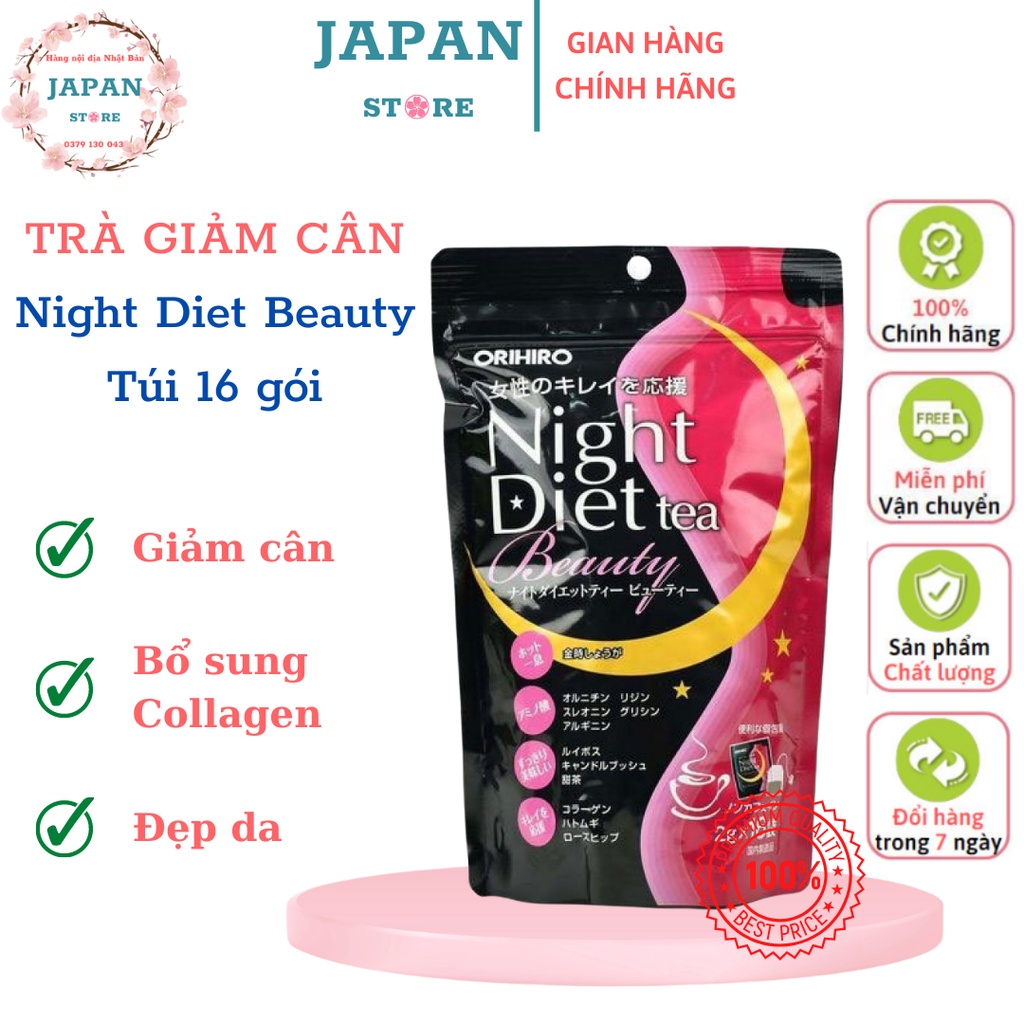 Trà giảm cân chứa collagen làm đẹp da ban đêm Orihiro Night Diet Tea Beauty 16 gói - Nhật Bản
