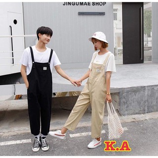 Quần Yếm Baggy Kaki Màu Đen Be Unisex Có Túi Ngực