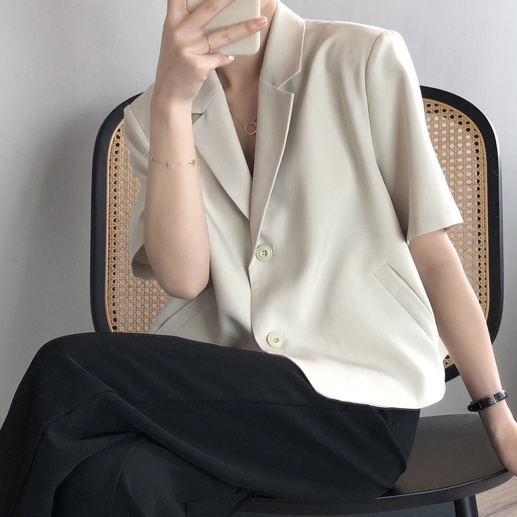 Áo khoác vest tay ngắn dáng rộng phong cách Hàn Quốc thời trang cho nữ 01108