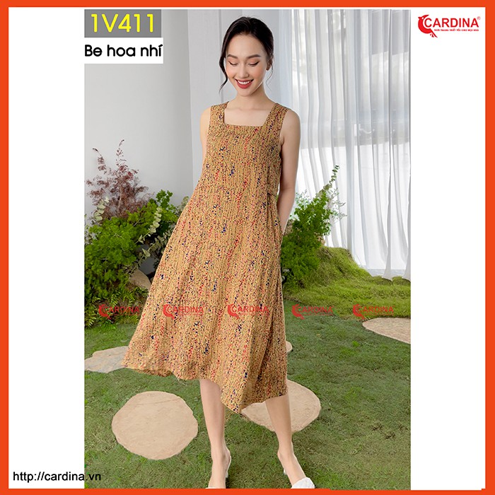 Đầm nữ CARDINA chất lanh nhung dáng xòe cổ vuông cao cấp thoáng mát 1V4.