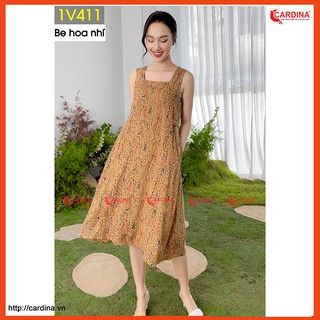 Đầm nữ CARDINA chất lanh nhung dáng xòe cổ vuông cao cấp thoáng mát 1V4.