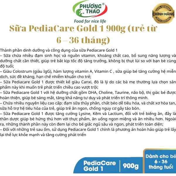 [LẺ GIÁ SỈ] Sữa Pediacare Gold 1 900g (PEDIA CARE) Date T03.2023