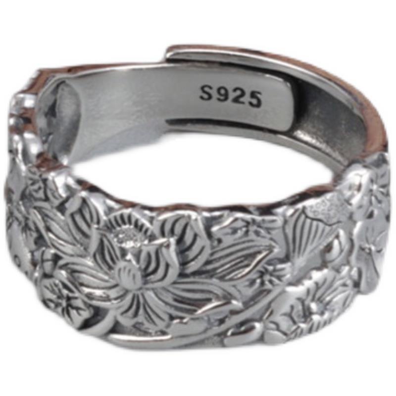 Nhẫn Hở Bạc S925 Hình Lá Sen / Cá Koi / Lá Sen Sáng Bóng Phong Cách Retro Cho Nữ