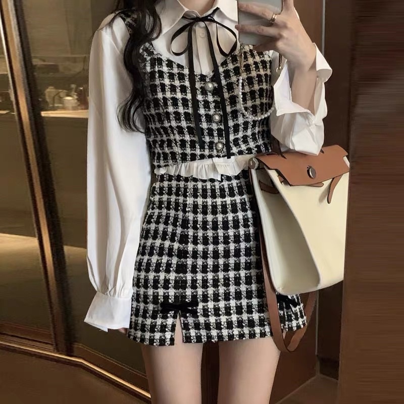 Set Tweed Hai Dây Croptop Caro Chân Váy Chữ A Và Sơmi Croptop Tay Bồng Trắng