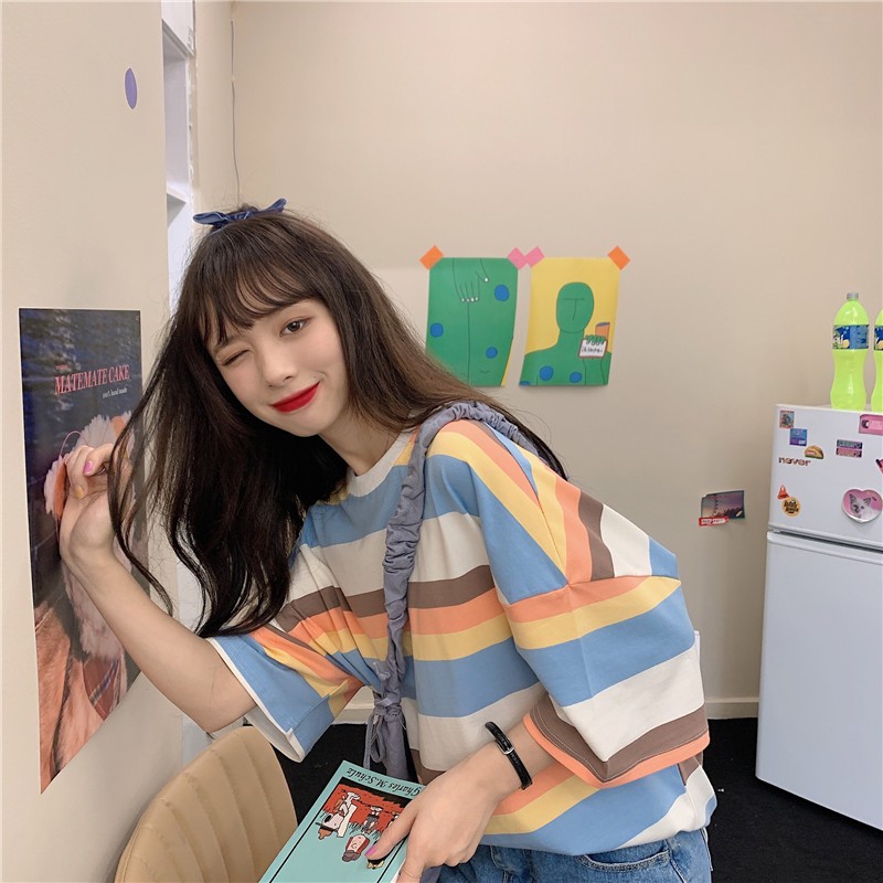 Áo thun ngắn tay họa tiết kẻ sọc thời trang cho nữ phong cách Hàn Quốc