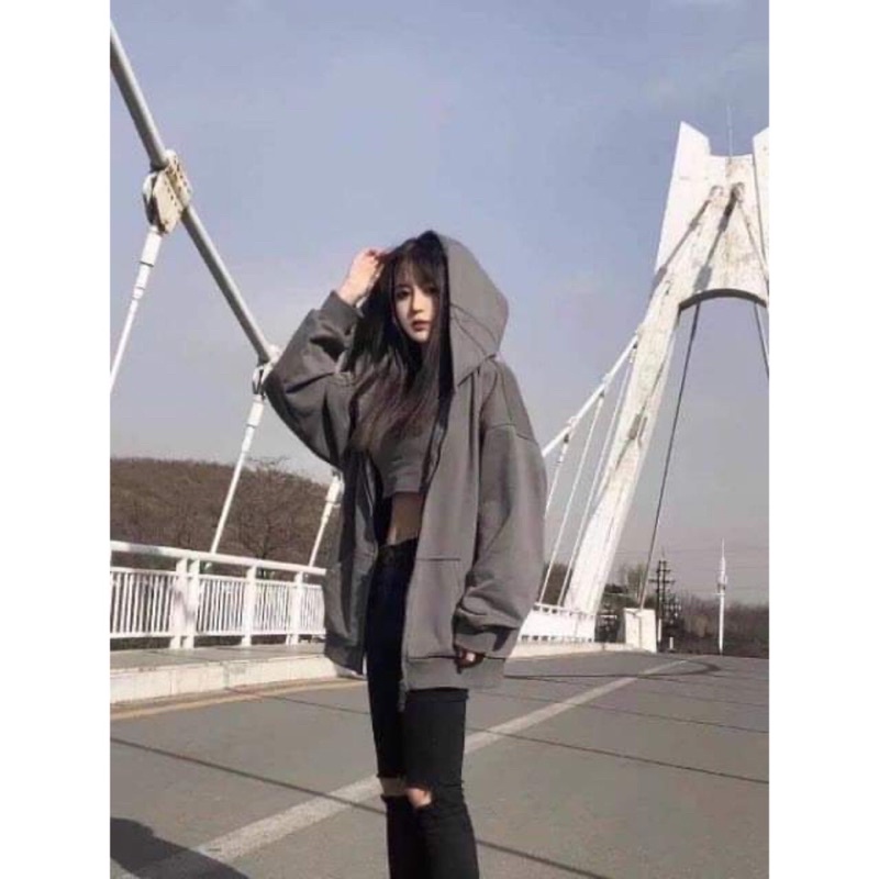 Áo khoác hoodie Nỉ nữ  màu Xám [ Freeship]🌸 jacket dáng rộng phối khóa kéo kiểu Hàn Quốc cá tính🌸 | BigBuy360 - bigbuy360.vn