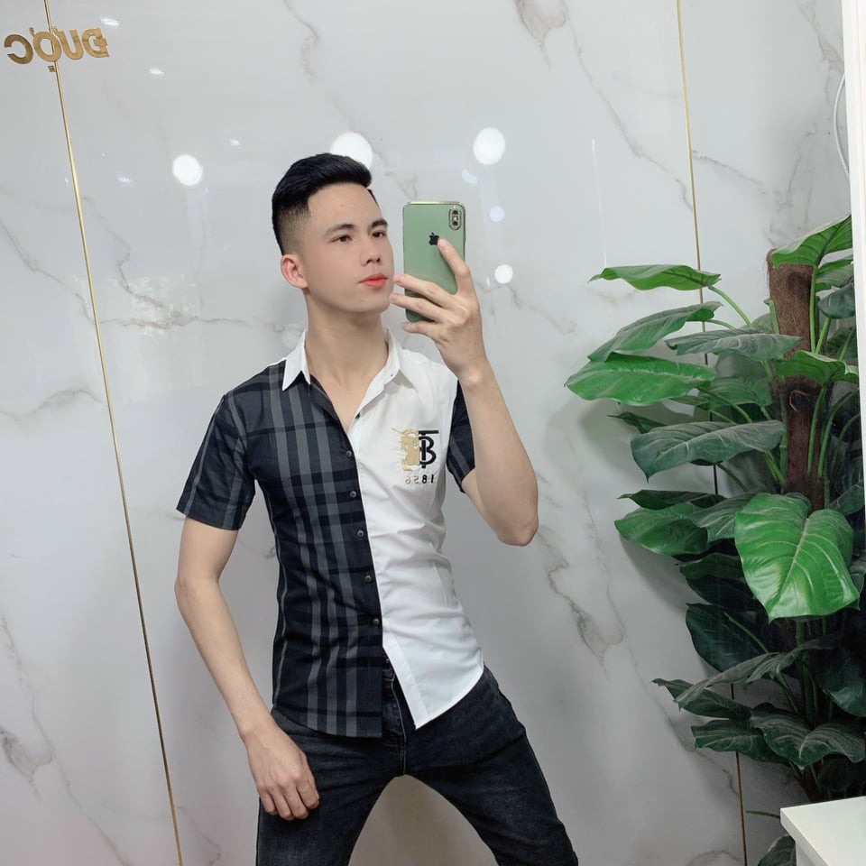 ◈♕▨Áo sơ mi nam bbr ngắn tay phối màu trắng đen kẻ sọc caro