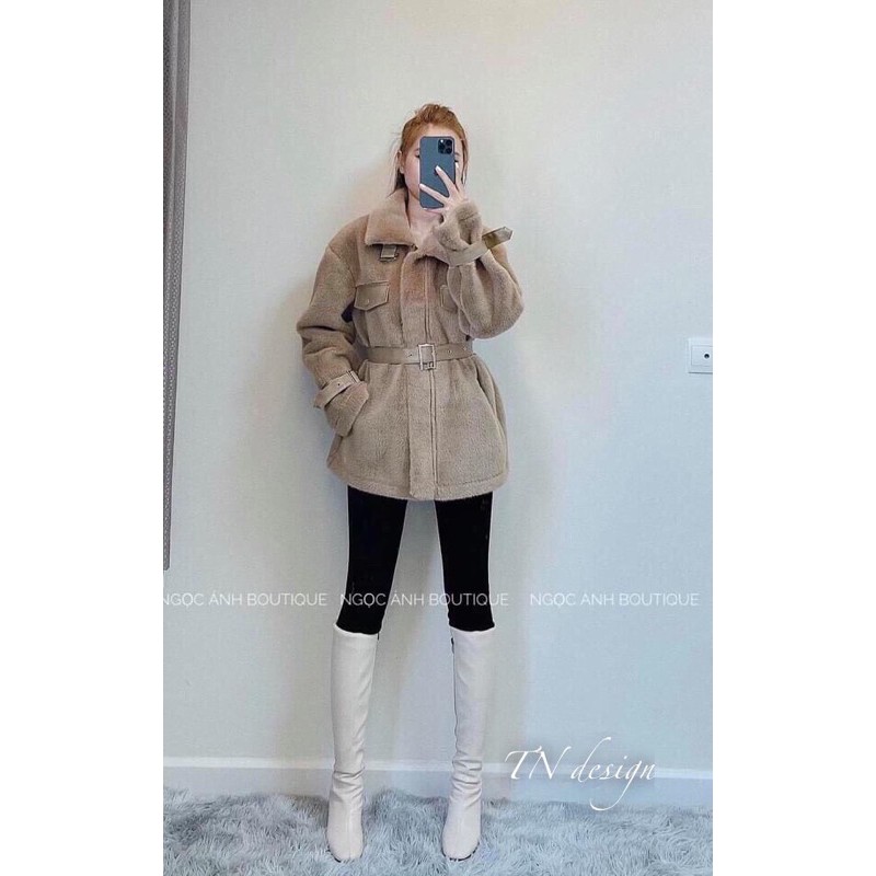 áo khoác lông thỏ kèm đai da | BigBuy360 - bigbuy360.vn