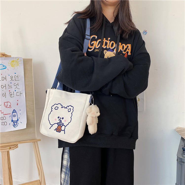 Túi Tote đeo chéo kiểu dáng mới. Túi vải Canvas họa tiết gấu thỏ sử dụng đi học, đi chơi