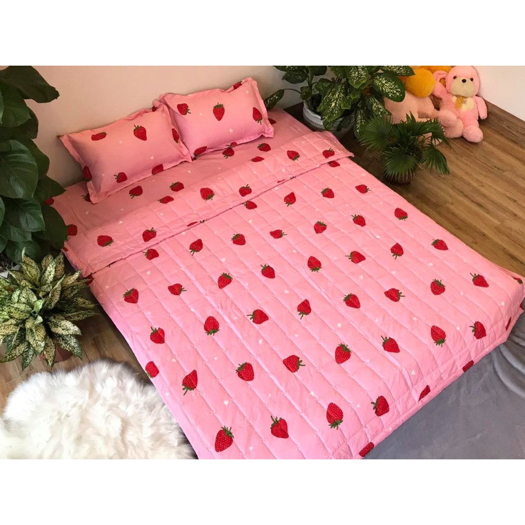 Sét ga chun và 2 áo gối nằm Emmidecor - mẫu dâu tây hồng, drap cotton poly