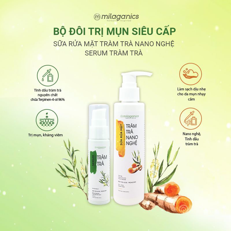 Bộ Sữa Rửa Mặt và Serum Tràm Trà Milaganics (165ml/bộ)