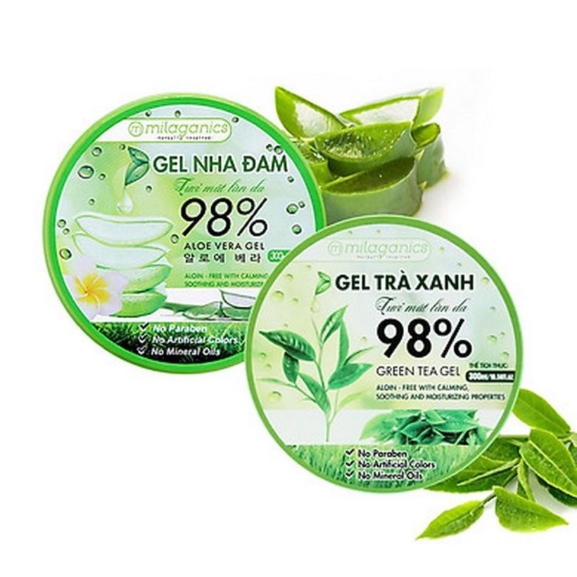 Bộ Đôi Gel Dưỡng Ẩm, Trị Mụn Gel Nha Đam Tươi MILAGANICS 300ml + Gel Trà Xanh MILAGANICS 300ml