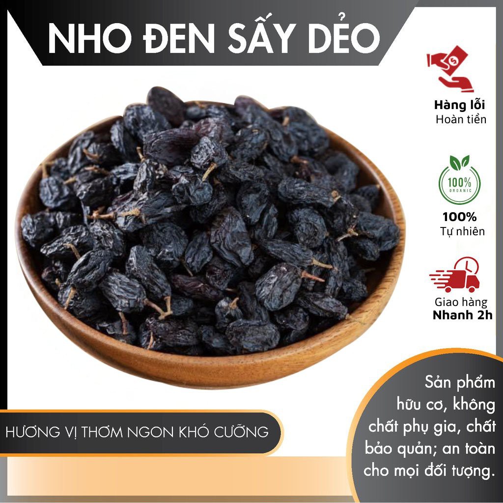 Nho đen không đường, Nho khô sấy dẻo nguyên cuống 500g/ Trái cây sấy dẻo không đường nguyên vị HOA QUẢ SẤY DẺO