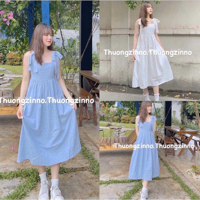 [Ảnh thật/Video]Đầm hai dây babydoll dáng dài bản to Váy hai dây ba tầng buộc nơ vai dáng dài