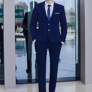 Bộ vest nam 2 cúc cài màu xanh than, vét chú rể, bộ comle nam hàn quốc chất vải đẹp .không nhăn.không xù .không bay màu