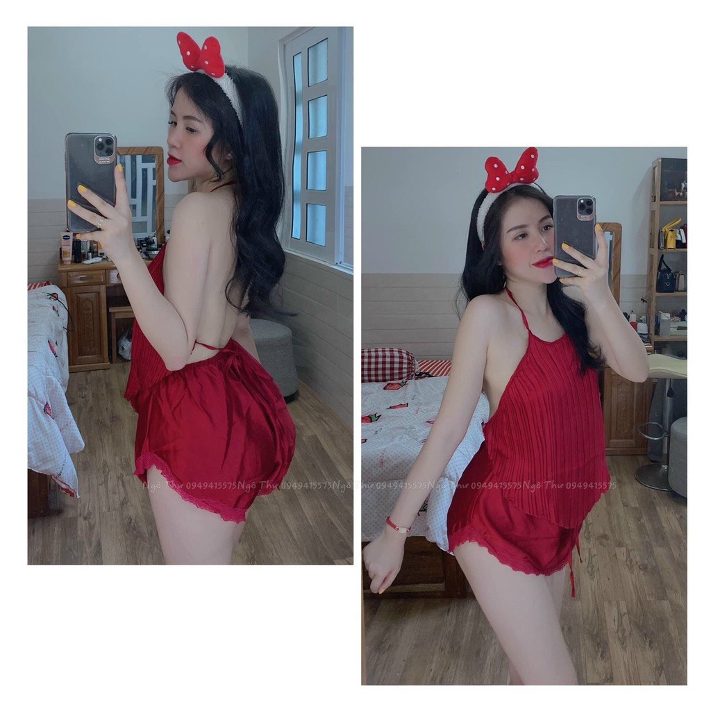 Đồ ngủ sexxy/ Yếm dập ly, chất liệu satin cao cấp mềm mịn, kèm quần gợi cảm, free size dưới 65kg | BigBuy360 - bigbuy360.vn