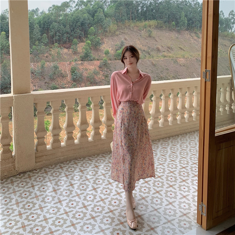 Set Áo Sơ Mi Tay Dài Họa Tiết Hoa + Chân Váy Xẻ Tà Phong Cách Hàn Quốc