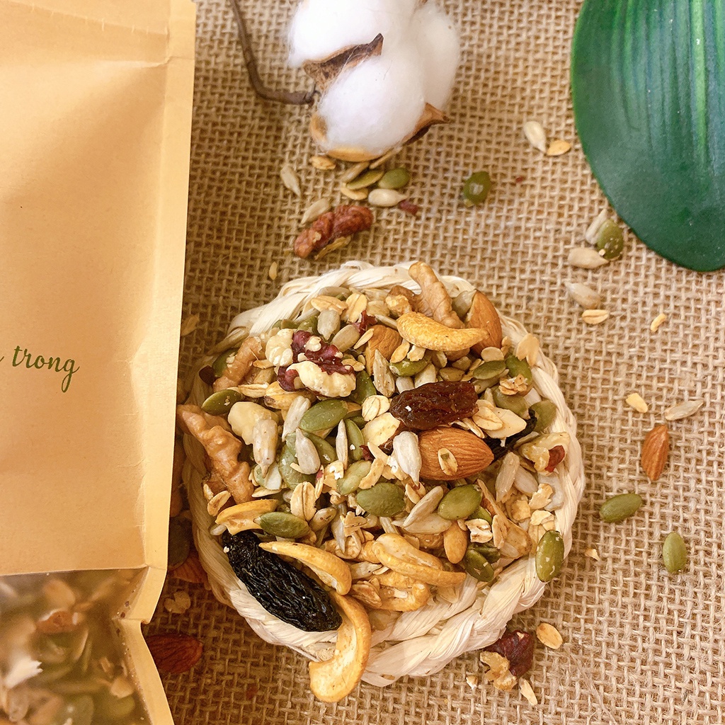 Granola siêu hạt dinh dưỡng mix 8 loại hạt không đường ít yến mạch (80% hạt) ăn kiêng healthy giảm cân