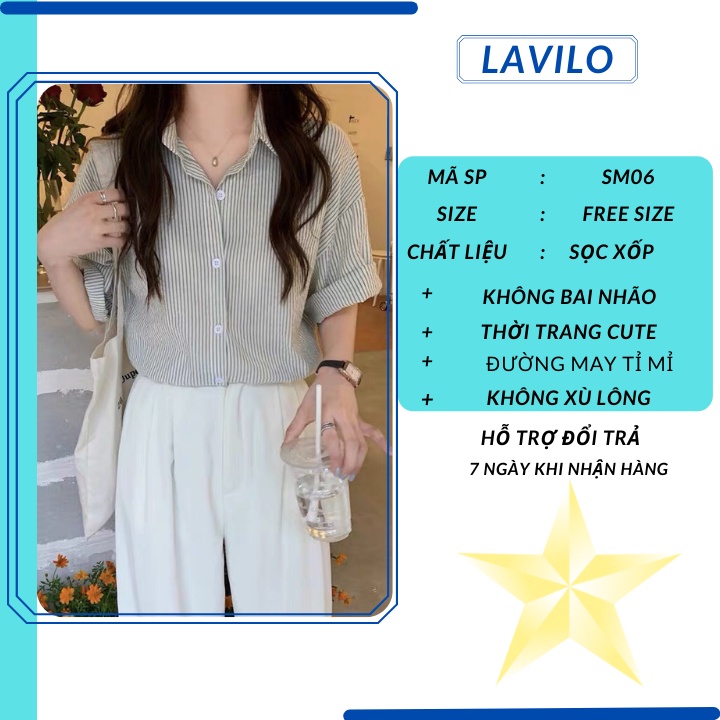 Áo sơ mi nữ tay ngắn form rộng kiểu kẻ sọc công sở LAVILO SM06