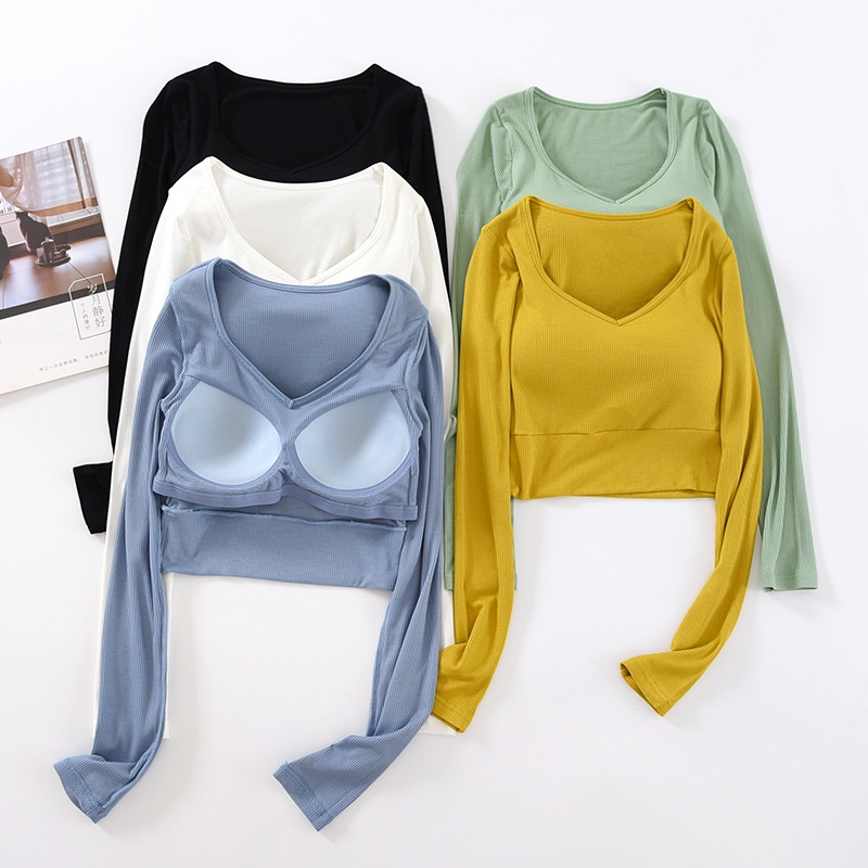 Áo thun nữ tay dài cổ V xinh xắn thời trang