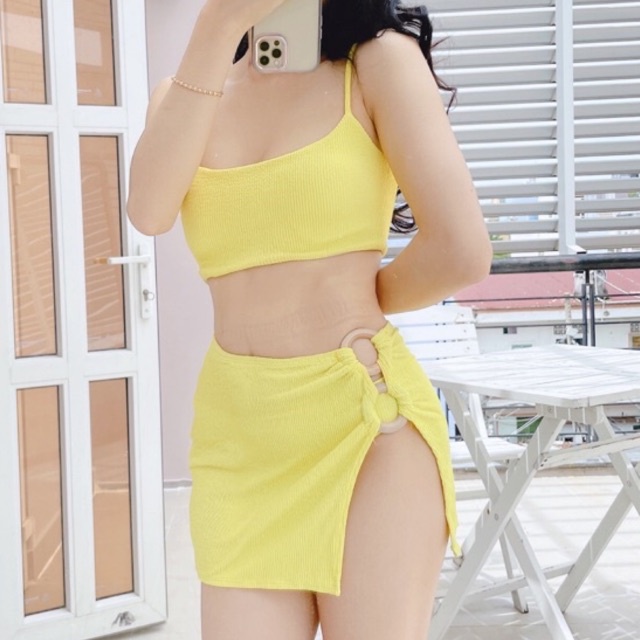 Đồ bơi nữ kín đáo bikini 3 mảnh đi biển áo 2 dây kèm chân váy xẻ tà khoen gỗ sexy du lịch HATI