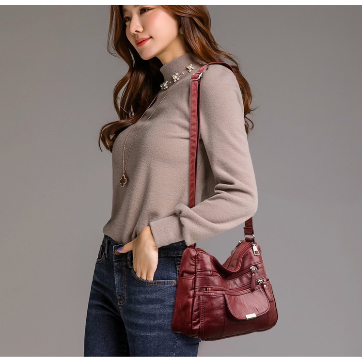 Túi xách nữ đeo chéo da mềm Quảng Châu nhiều ngăn vạch nổi ngang BAG U DV18