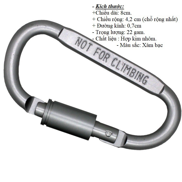 Móc khóa Carabiner hình chữ D bằng hợp kim nhôm màu xám bạc, móc khóa du lịch đa năng