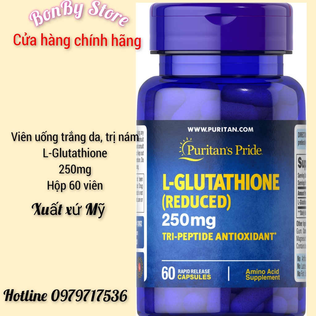 (Bill Hãng) Trắng da, ngừa nám L-GLUTATHIONE 250mg - 60v Purit@n P r i d e