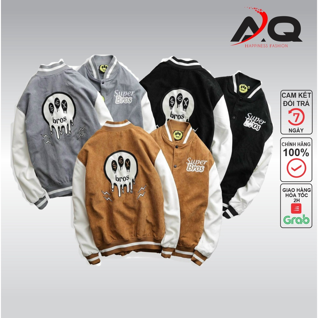 Áo Varsity Jacket áo bomber SUPER BROS chất nhung tăm 2 lớp nỉ nam nữ khoác ngoài dày dặn form rộng unisex - AQ STORE