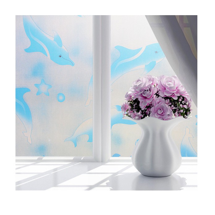 Decal dán kính cá heo xanh khổ 45cm keo sẵn