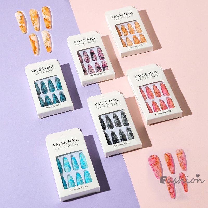 Set 24 Móng Tay Giả 24 Họa Tiết Cẩm Thạch Dài Có Thể Tháo Rời