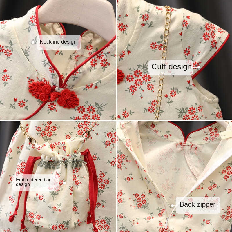 Đầm Sườn Xám Tay Ngắn Họa Tiết Hoa Kiểu Trung Hoa Xinh Xắn Cho Bé Gái 80-140 yards