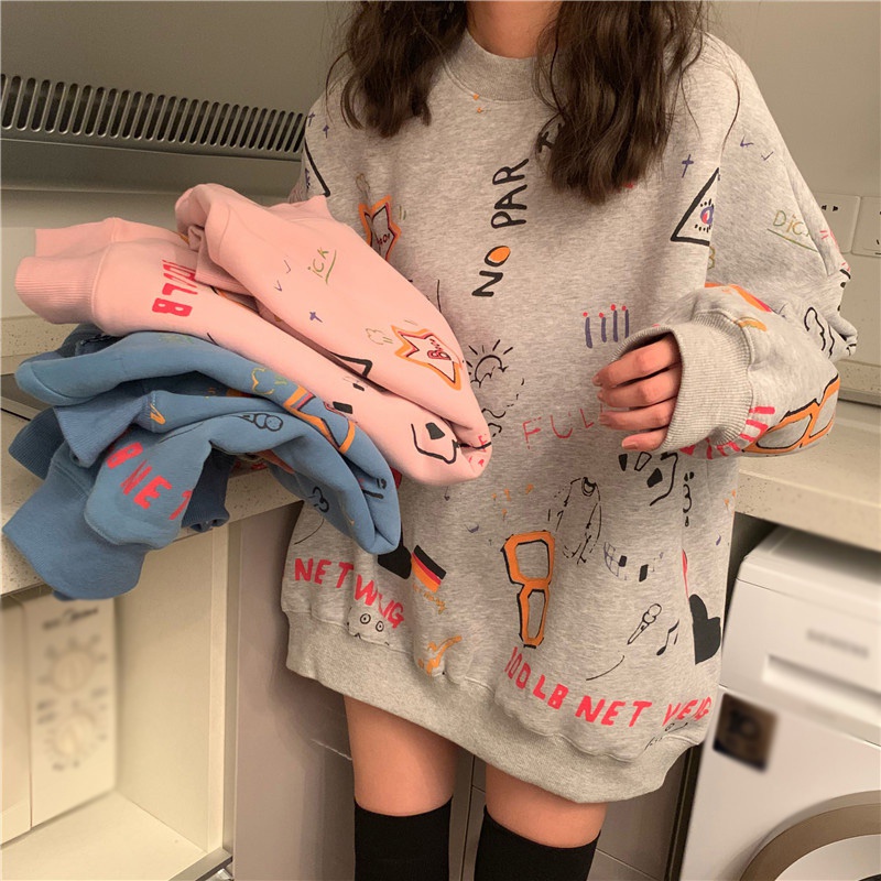 Áo Sweater Dáng Rộng In Họa Tiết Graffiti Kiểu Hàn Quốc Xinh Xắn Dành Cho Nữ