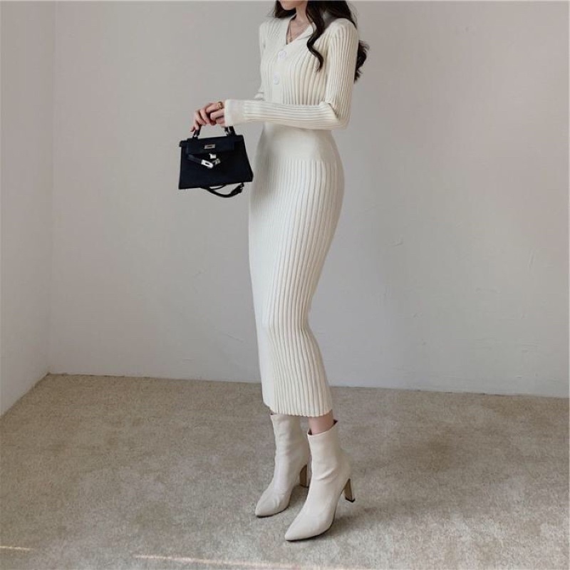 Đầm Váy Len Nữ Váy Body Dáng Dài Cổ Chữ V Phối Cúc Loại Đẹp