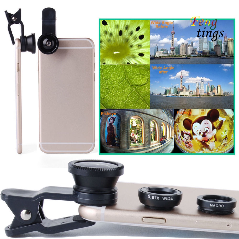 Bộ ống kính chụp ảnh 3 trong 1 gồm kính macro kính mắt cá và kính góc rộng có kẹp cho điện thoại và máy tính bảng