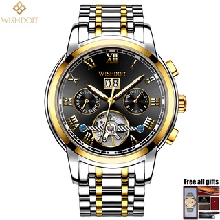 Wishdoit Nam Tourbillon Đồng hồ cơ tự động Cửa sổ phối cảnh rỗng Dây đeo bằng thép không gỉ Ngăn ngừa trầy xước (Đài Loan công việc tự động Đồng hồ hồ)