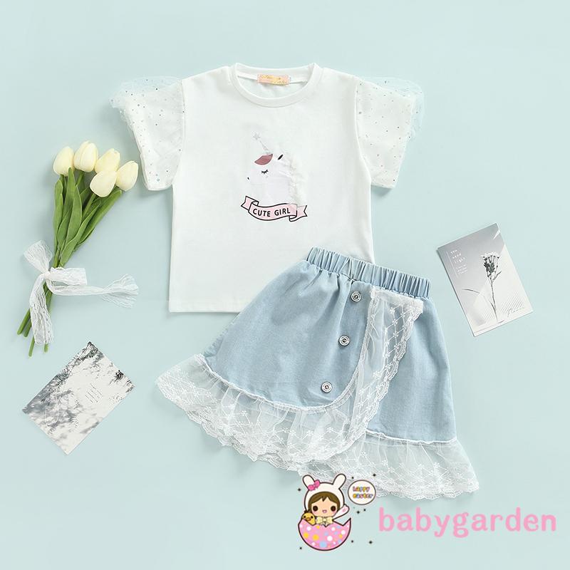 Bộ áo thun tay ngắn in hoạt hình + Chân váy jean phối lưới thời trang mùa hè cho bé gái 2-7 tuổi