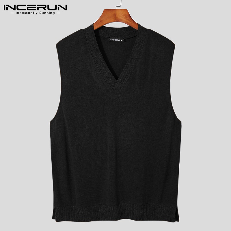 Áo dệt kim INCERUN không tay cổ chữ V màu trơn thời trang cho nam