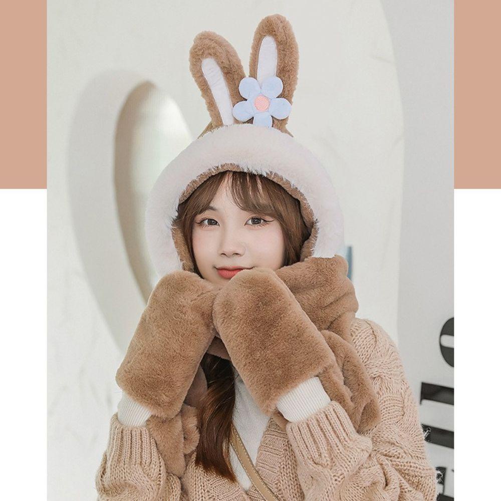 Bộ Nón Khăn Choàng Găng Tay Tai Thỏ 3 Trong 1 Bằng Vải Bông Ấm Áp Thời Trang Mùa