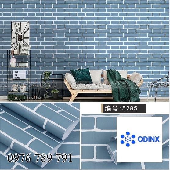 Giấy Dán Tường Giả Gạch 3D Màu Xanh Có Keo Sẵn Cuộn 10m Chống Thấm Nước